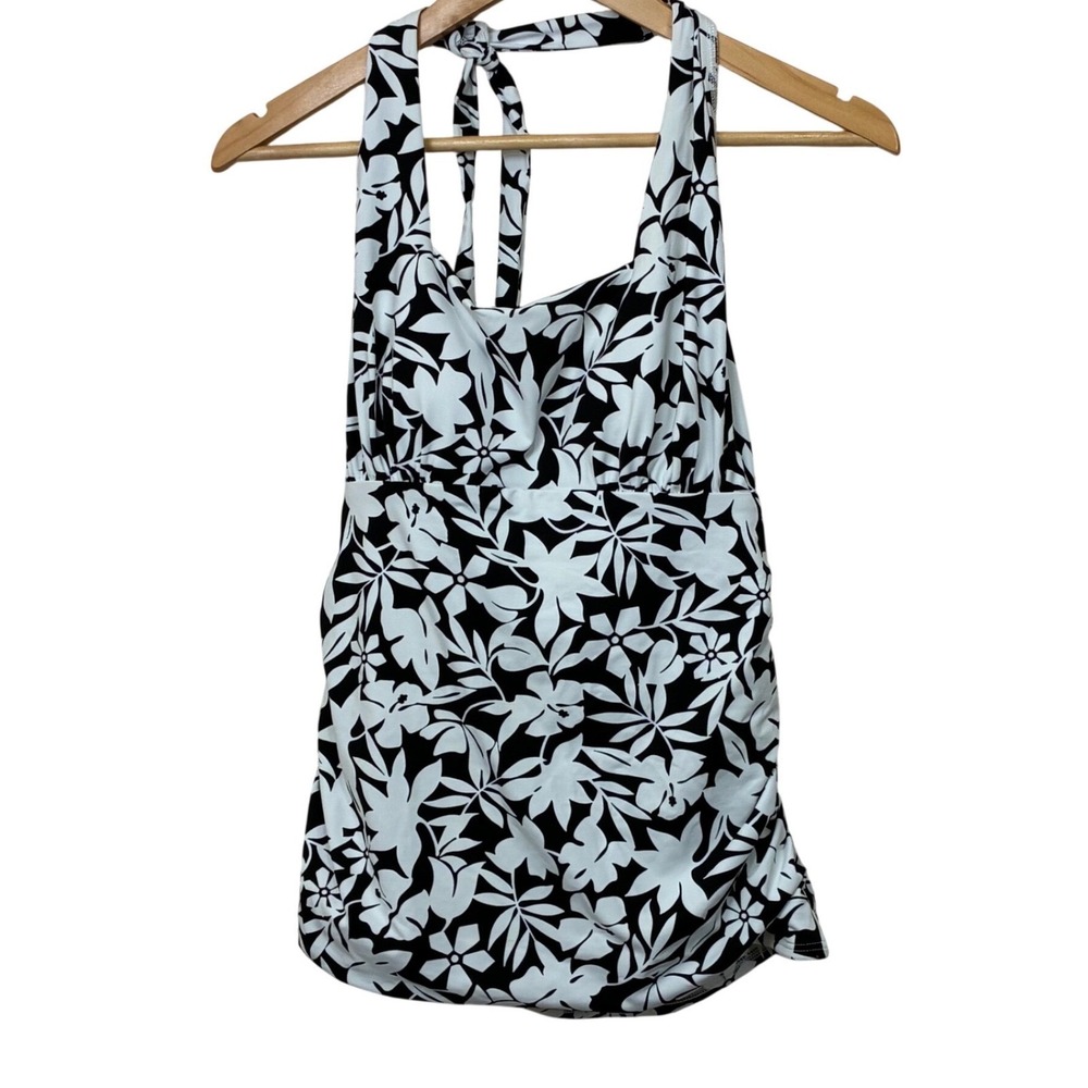 Lands End Floral Halter Tankini Top Black White Ruched Swimsuit 525392 10